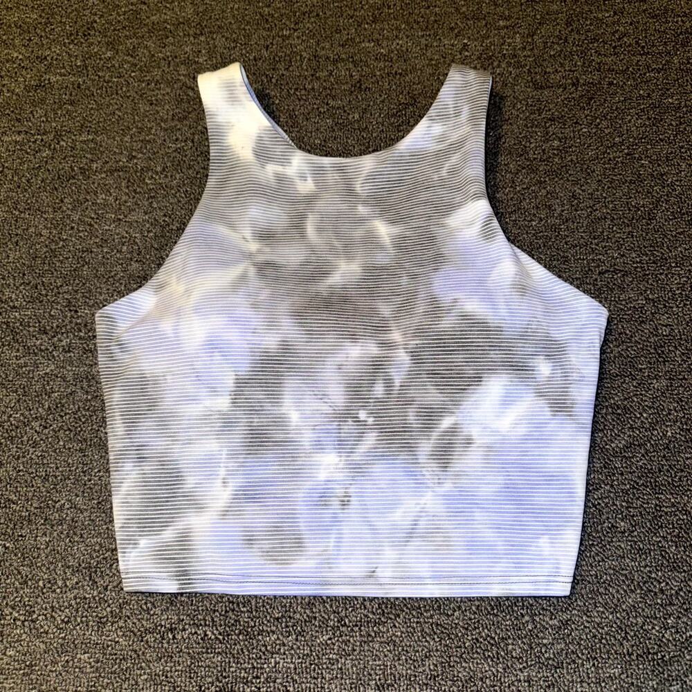 Athleta Sports Bra Women Small Blue Gray Tie Dye Striped Crop Racerback Athletic
